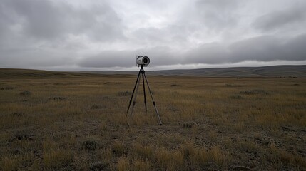 Naklejka premium Scientific measuring device standing on a tripod in a wide, expansive field under an overcast sky, capturing data in a remote outdoor environment for research and analysis