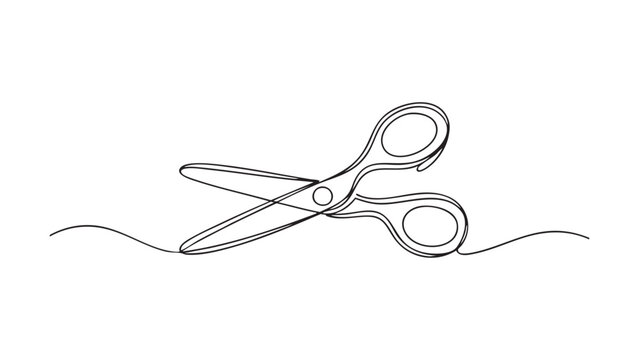 Scissors cutting string in single continuous line art, symbol of separation.