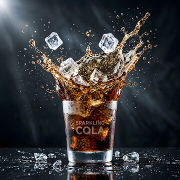 Refreshing Splash: A dynamic image showcasing a burst of sparkling cola and ice cubes against a dark background, evoking refreshment and quenching thirst.