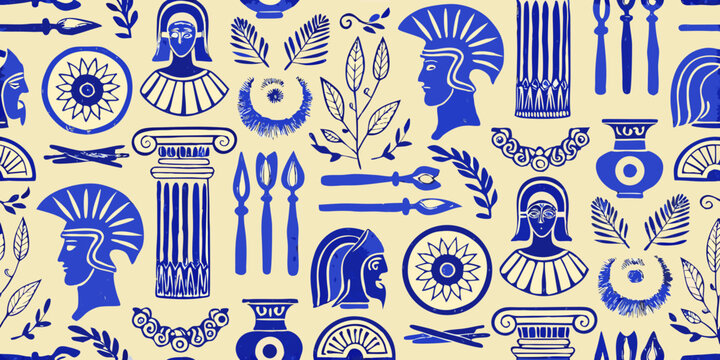 ancient greek pattern with helmets columns and ornaments