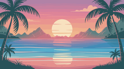 Obraz premium Tropical beach sunset illustration with palm trees and mountains in pastel colors high quality professional detailed