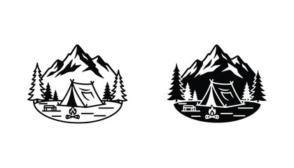 Camping adventure landscape emblem with tent bonfire and mountain peaks in black and white vector art for outdoor gear branding © Daniel