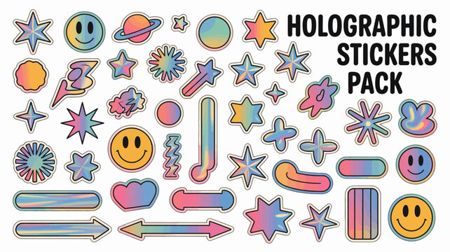 Holographic sticker pack collection with stars planets hearts and smiley faces on a white background