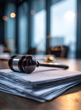 Wooden gavel resting on legal documents during a courtroom session in a modern office