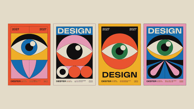 Four colorful poster designs featuring stylized eye illustrations and geometric shapes high quality professional detailed modern
