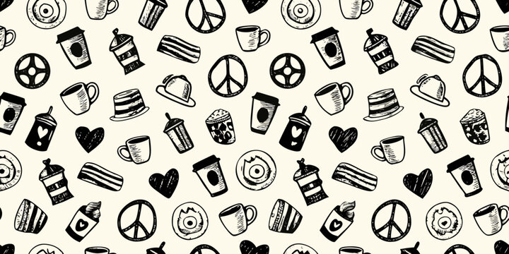 coffee and peace themed doodle pattern on cream background
