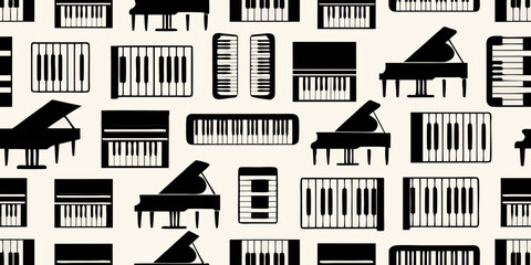 seamless pattern of pianos and keyboard keys in black and white © Suvro
