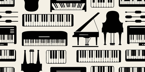 Seamless pattern of black piano keys and musical instruments © Suvro