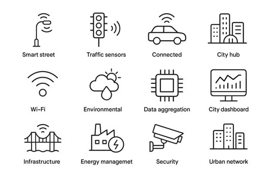 Smart City IoT Icons. Smart city IoT network. Line outline icon set of Smart city IoT network: smart street