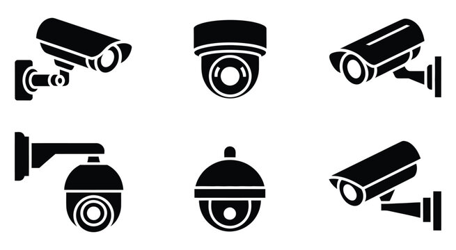 Security camera icon set, black CCTV surveillance vector symbols, 6 professional monitoring equipment graphics for safety and protection systems