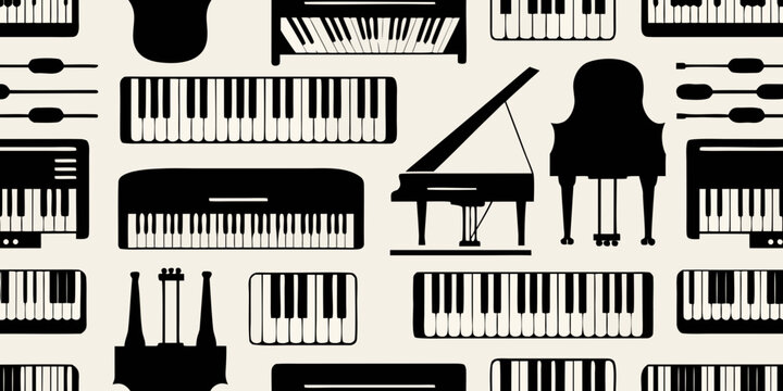 Seamless pattern of black piano keys and musical instruments