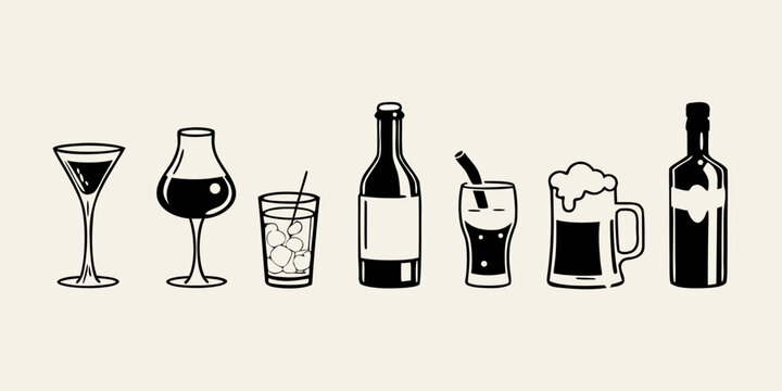 Hand drawn alcoholic beverages and glassware collection black and white