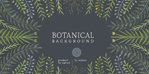 Botanical illustration with fern and leaf shapes dark gray background © Suvro