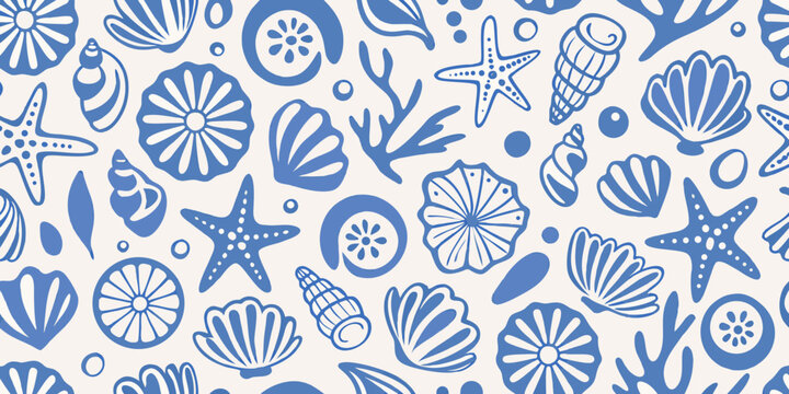 blue seashell and starfish seamless pattern on white background
