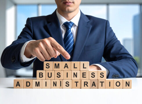 Small Business Administration - Geschäftsmann zeigt auf den Text "Small Business Administration"