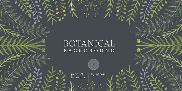 Botanical illustration with fern and leaf shapes dark gray background