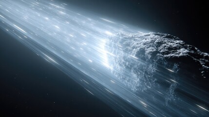 Fototapeta premium Comet nucleus streaking through deep space with a luminous trail of gas and dust lit by distant starlight, suggesting high speed motion across the dark cosmic void
