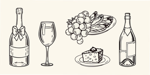 Sketch of champagne bottle flute cheese grapes and fruit © Suvro