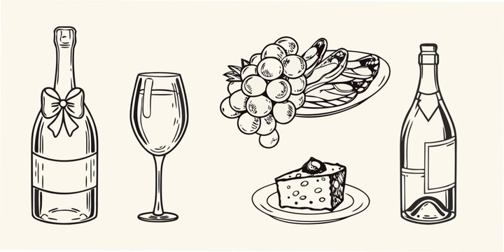 Sketch of champagne bottle flute cheese grapes and fruit
