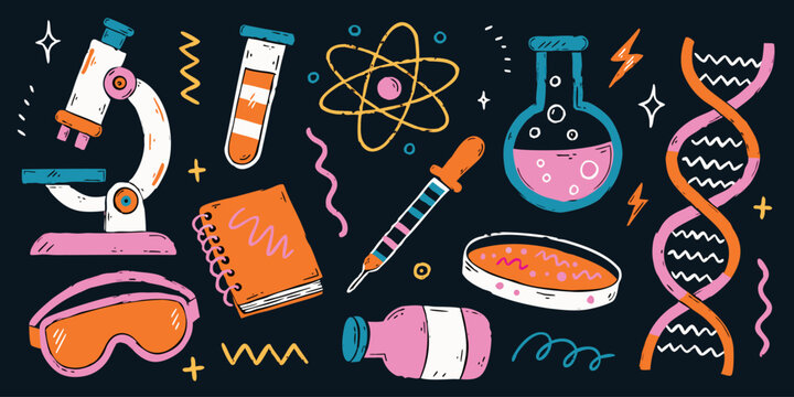Colorful doodle style science icons, microscope, DNA, beaker, notebook