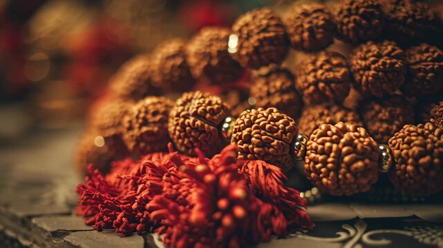 Rudraksha beads string placed on table during Indian hindu religious ritual