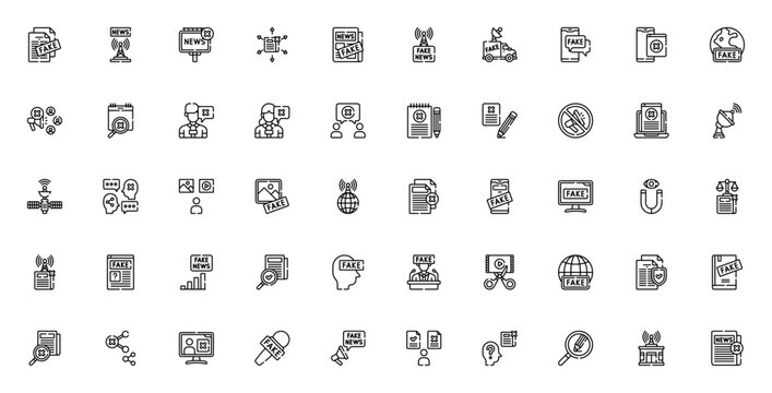 Fake news icon set. Minimalist vector pack. Featuring symbols for misinformation, propaganda, broadcast, news, media, share, and more.