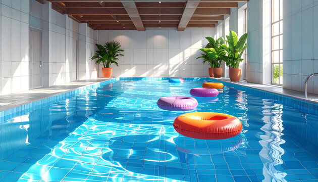 Indoor Swimming Pool with Inflatable Rings and Lush Green Plants.