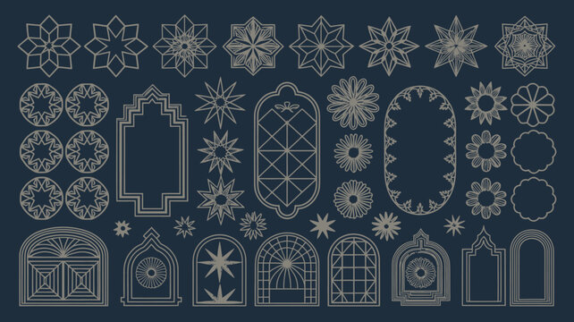 Collection of islamic geometric patterns and floral designs line art on dark background high quality professional