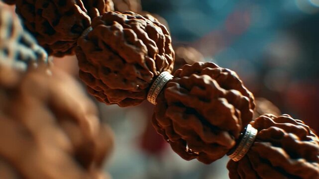 Rudraksha prayer beads held by a devotee during a religious festival