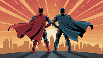 Two superhero figures standing back to back overlooking a city skyline vector illustration high quality professional © DesignHub