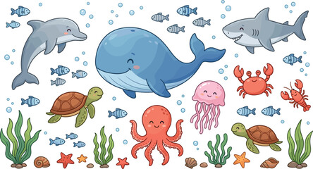 Cute Sea Animal Collection Featuring Whale, Shark, Dolphin, Octopus, and Sea Turtle for Kids' Ocean Themed Nursery Decor, Educational Posters, and Tropical Underwater Stickers. © Ismail