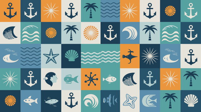 Nautical pattern with anchors seashells fish and palm trees colorful flat vector illustration high quality professional