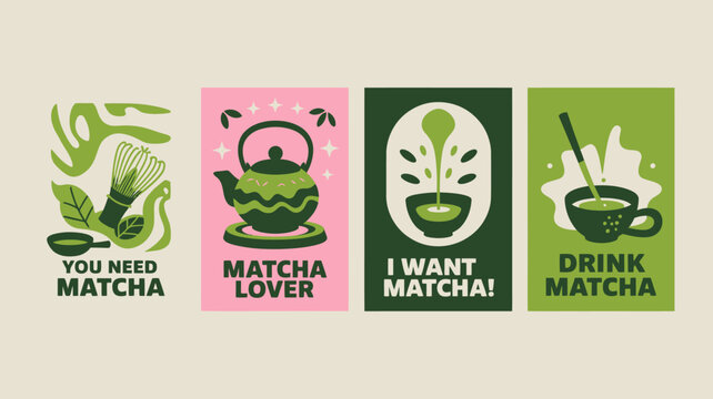 Four vibrant matcha tea posters with illustrations and text on a neutral background high quality professional