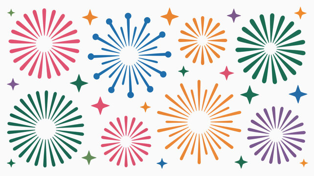 Colorful firework bursts pattern with sparkling stars on a white background high quality professional detailed modern