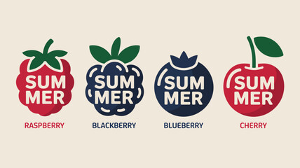 Four summer berry icons with text including raspberry blackberry blueberry and cherry high quality professional detailed © DesignHub