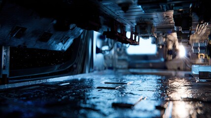 Fototapeta premium Interior view of a dimly lit, dripping wet, metallic corridor inside a futuristic spaceship or station, with a distant light source and a window revealing a star filled cosmos