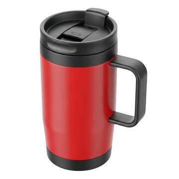 Red travel mug with black lid and handle
