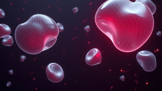 Abstract glowing orbs float within dark space. Red light emanates from shapes, creating futuristic visuals. Mesh patterns visible.