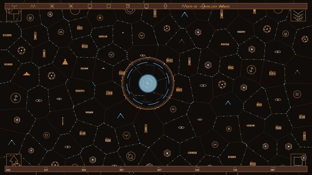 This sci fi HUD features an intricate orange hexagonal grid overlaying a dark background. A central circular reticle pulses with a glowing blue core, surrounded by various runes and geometric symbols.