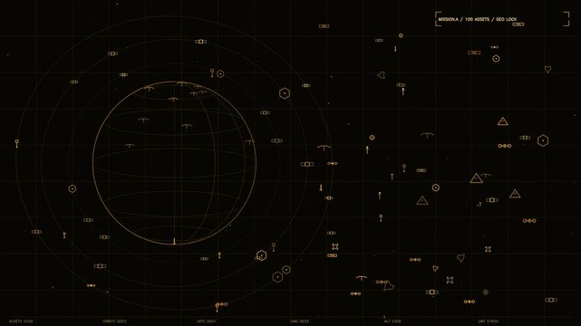 This futuristic HUD interface features a central wireframe globe surrounded by orbital paths and tactical icons. The display shows real time telemetry including satellite counts, altitude, and mission