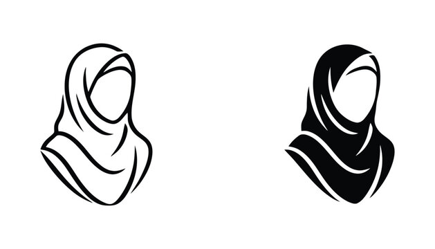 Stylized woman wearing hijab icon set in minimalist line art and solid black silhouette for religious and cultural diversity design