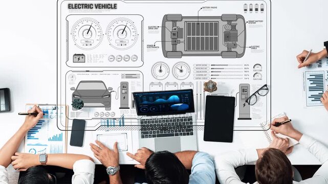 This image showcases a collaborative workspace with an infographic focused on electric vehicle data, including charts and analysis tools for informed decision-making. Raster