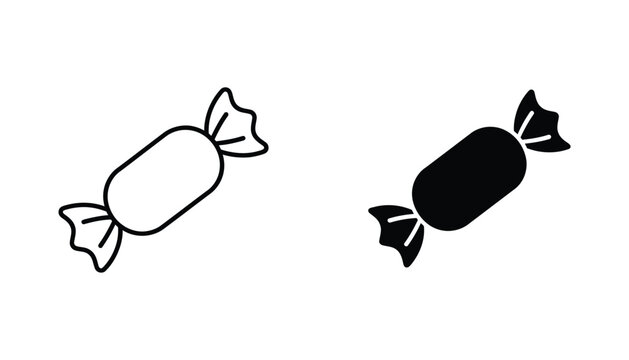 Sweet candy wrapper icon set in outline and solid black styles for confectionery and food branding