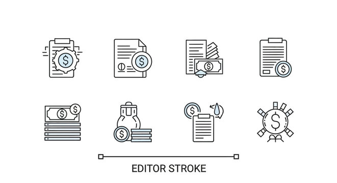 Financial icons representing currency symbols on documents and stacks