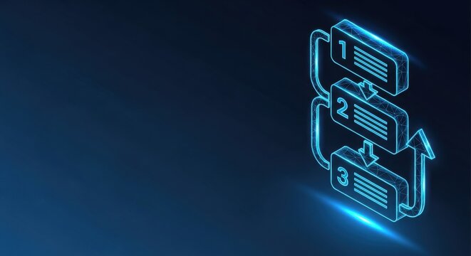 Glowing blue isometric data flowchart with numbered steps on a dark technological background