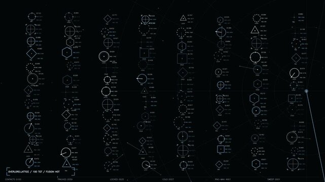 This high tech interface displays a complex array of tactical information, featuring numerous geometric icons representing tracked targets. Each element includes dynamic telemetry data such as range a