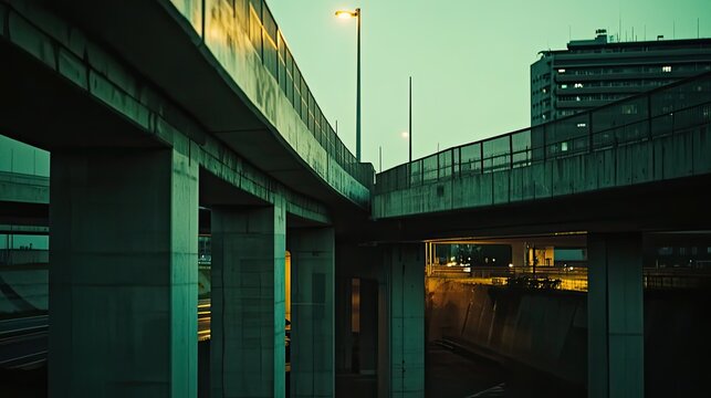 Intersecting highway overpasses creating a complex urban infrastructure, highlighting architectural concrete elements and city life under teal twilight light, with a distant building