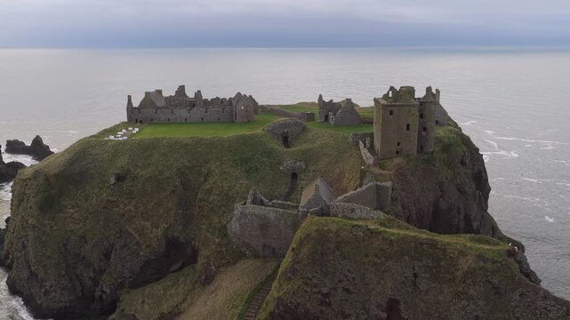 Aerial view of the dramatic dunnottar castle, a ruined medieval fortress on a rugged headland near stonehaven in aberdeenshire, scotland