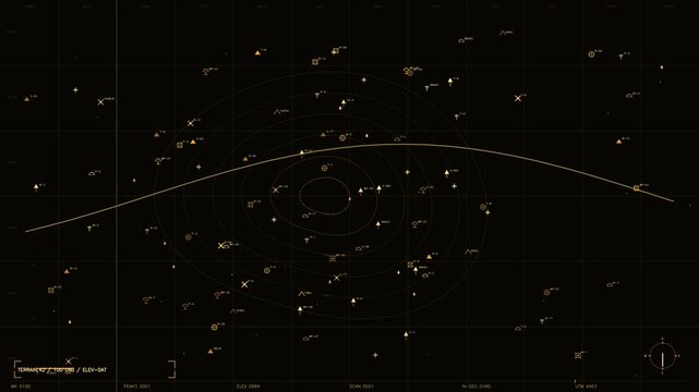A sophisticated head up display features a dark tactical map with orange and gold interface elements. The screen shows complex telemetry, including geographic coordinates, elevation data, and waypoint