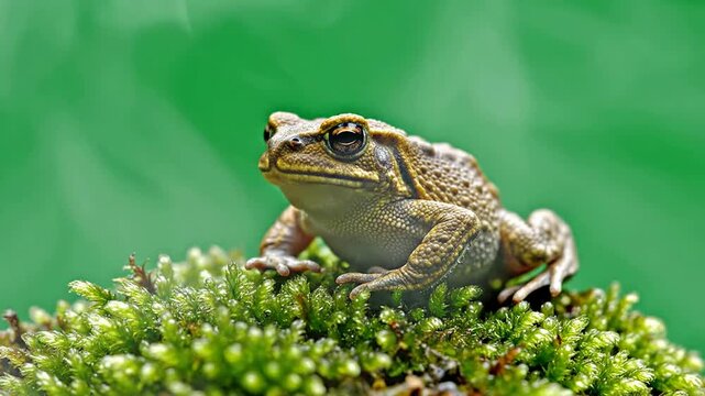 Close-Up View Of A Brown Frog Perched On Vibrant Green Moss Against A Soft Green Background In A Natural Habitat Setting